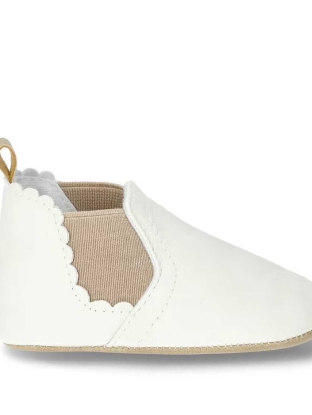 Baby Slip-On Scalloped Ankle Shoes in White and Tan